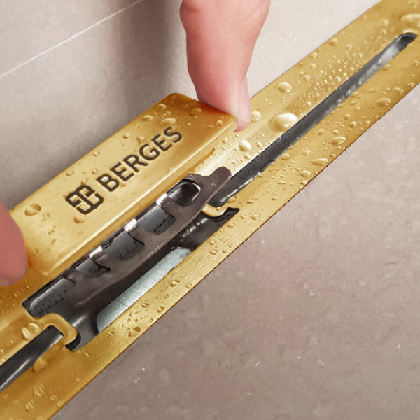 Душевой лоток Berges Simpel 092013 с решеткой 100x4 см, прямой выпуск, с возможностью изменения длины, цвет золото глянец - фото 1