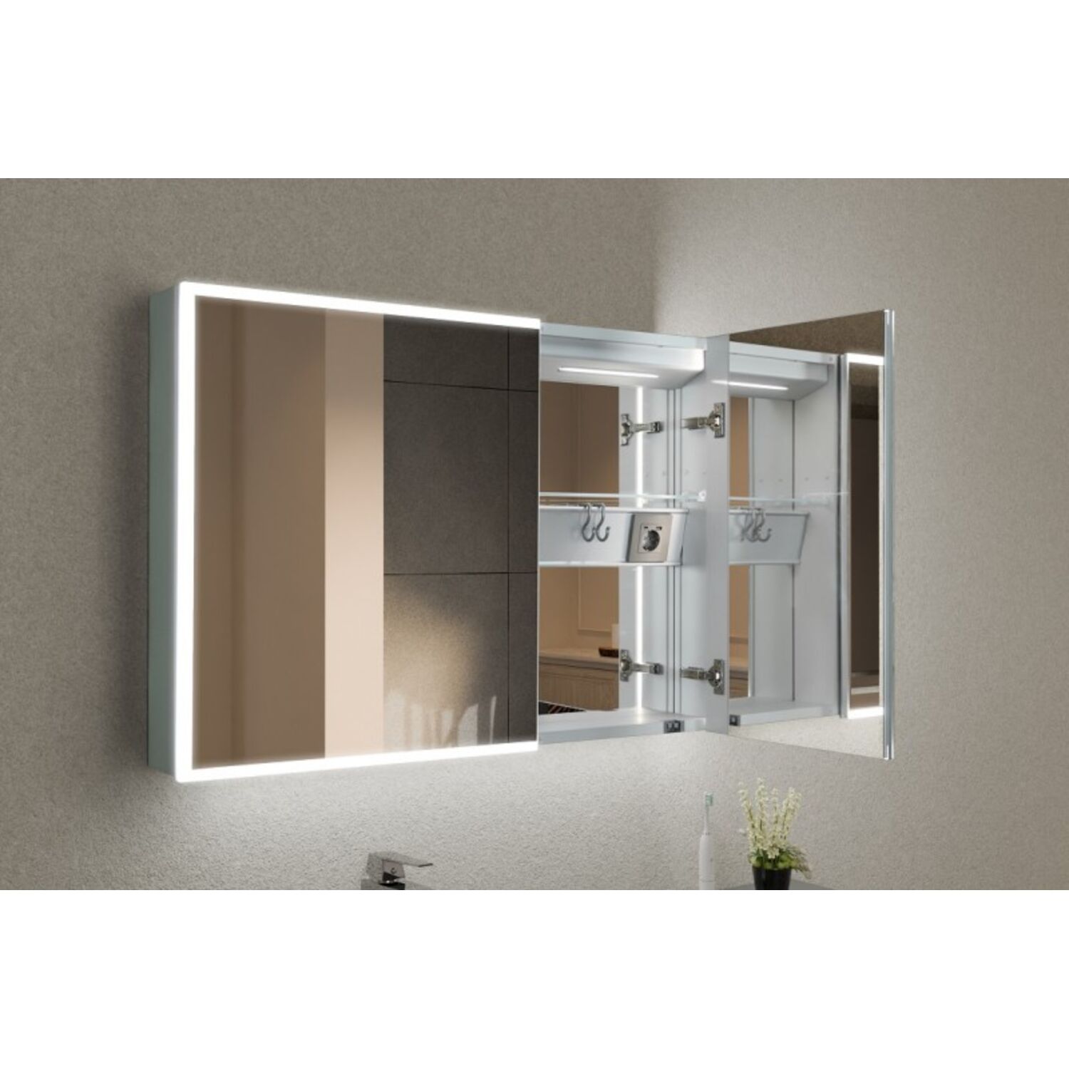 Шкаф-зеркало Esbano ES-3808D 80, с подсветкой, функцией антизапотевания, крючками для фена, цвет алюминий