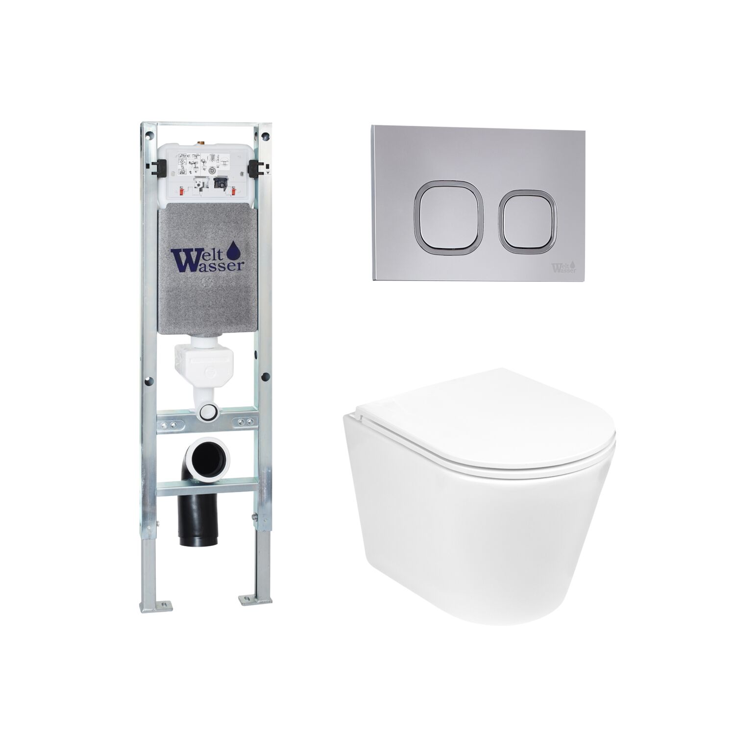 Комплект Weltwasser 10000011485 унитаза Salzbach 043 GL-WT с сиденьем микролифт и инсталляции Amberg 350 ST с кнопкой Amberg RD-CR хром