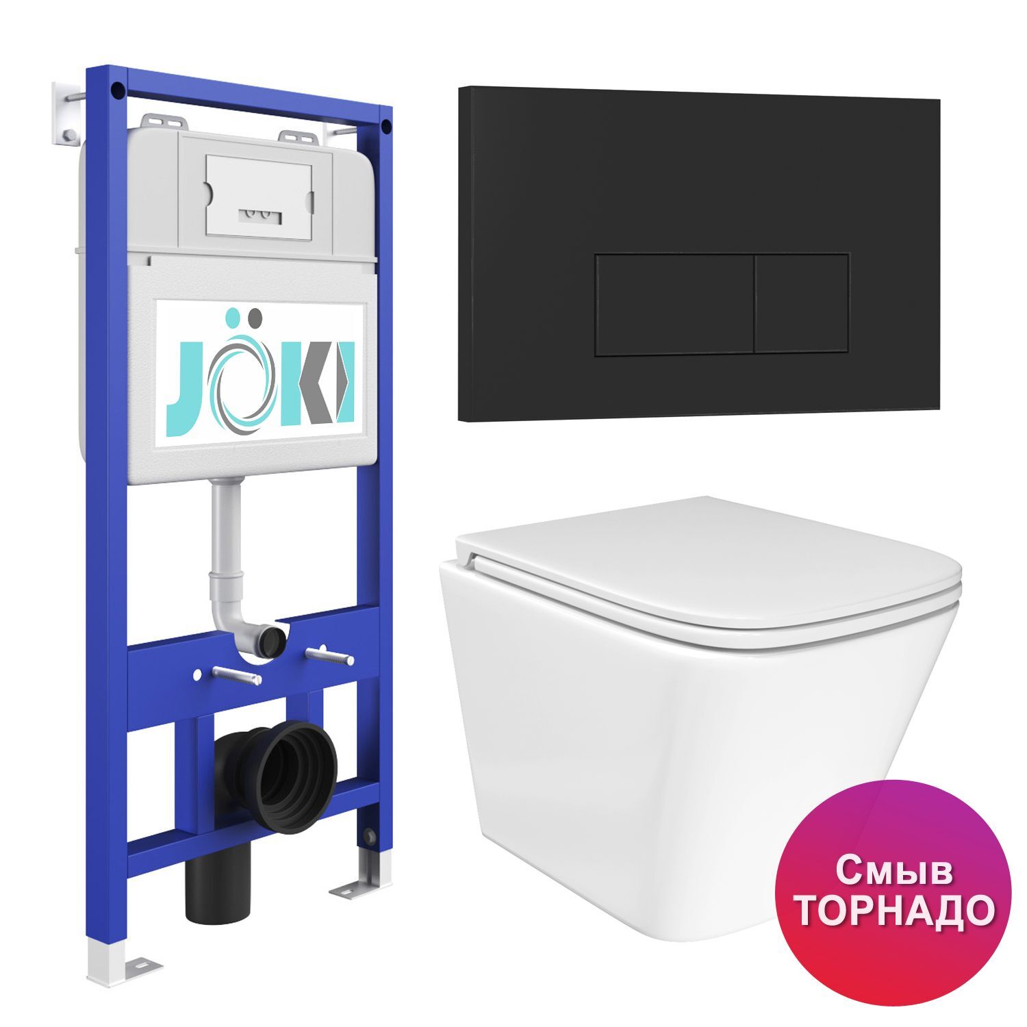 Комплект: JOKI Инсталляция JK01150+Кнопка JK203507BM черный+Verna T JK3031025 белый унитаз, смыв Торнадо