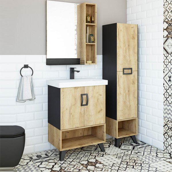 Мебель для ванной Sanflor Выборг 60/2, цвет черный / дуб крафт золотой