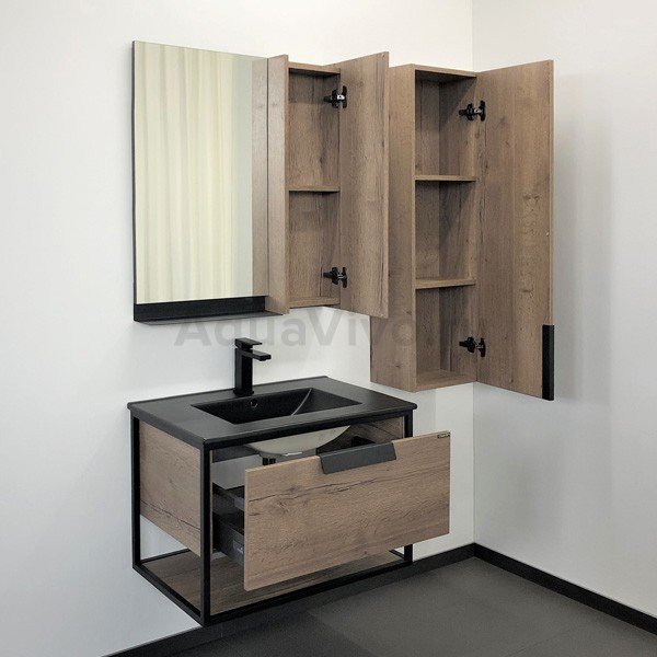Мебель для ванной Comforty Бонн 75, с черной раковиной, цвет дуб темный