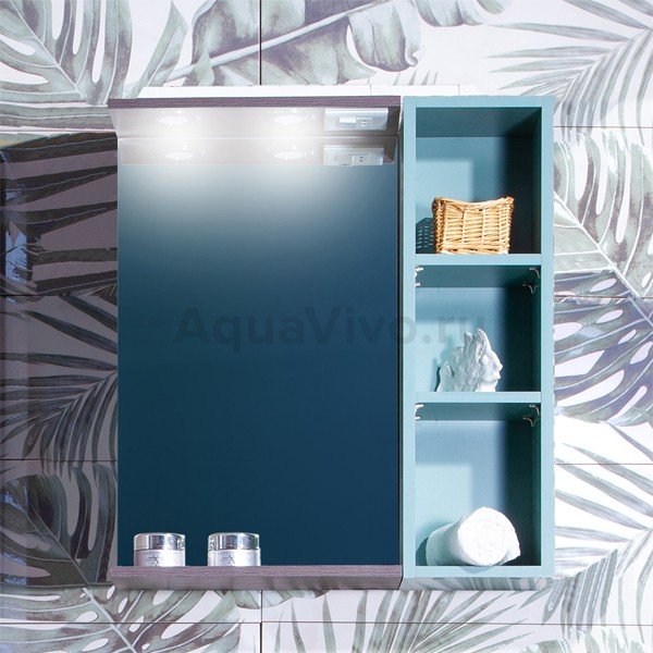 Шкаф-зеркало Бриклаер Кристалл 60, с подсветкой, с полками, цвет софт графит / муссон