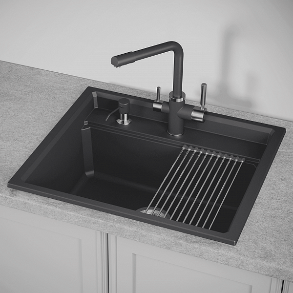 Кухонная мойка Granula Kitchen Space KS-6003 BL 60x51, с дозатором для жидкого мыла, сушилкой, цвет черный - фото 1