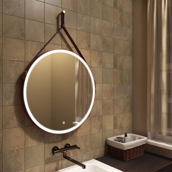 Зеркало Art & Max Milan 80x80, на кожаном ремне, с подсветкой и диммером, цвет коричневый
