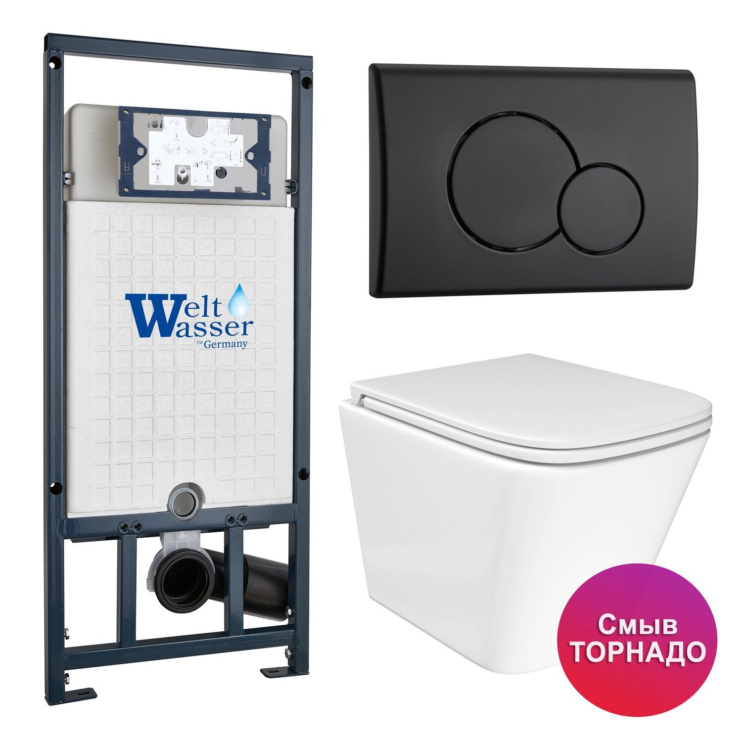 Комплект: Weltwasser Инсталляция Mar 507+Кнопка Mar 507 RD MT-BL черная+Verna T JK3031025 белый унитаз, смыв Торнадо