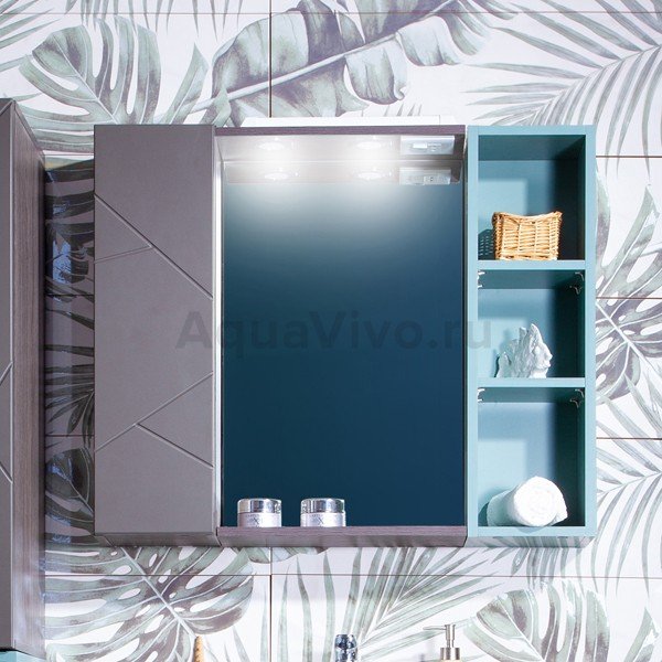 Шкаф-зеркало Бриклаер Кристалл 80, с подсветкой, с дверцей и полками, цвет софт графит / муссон