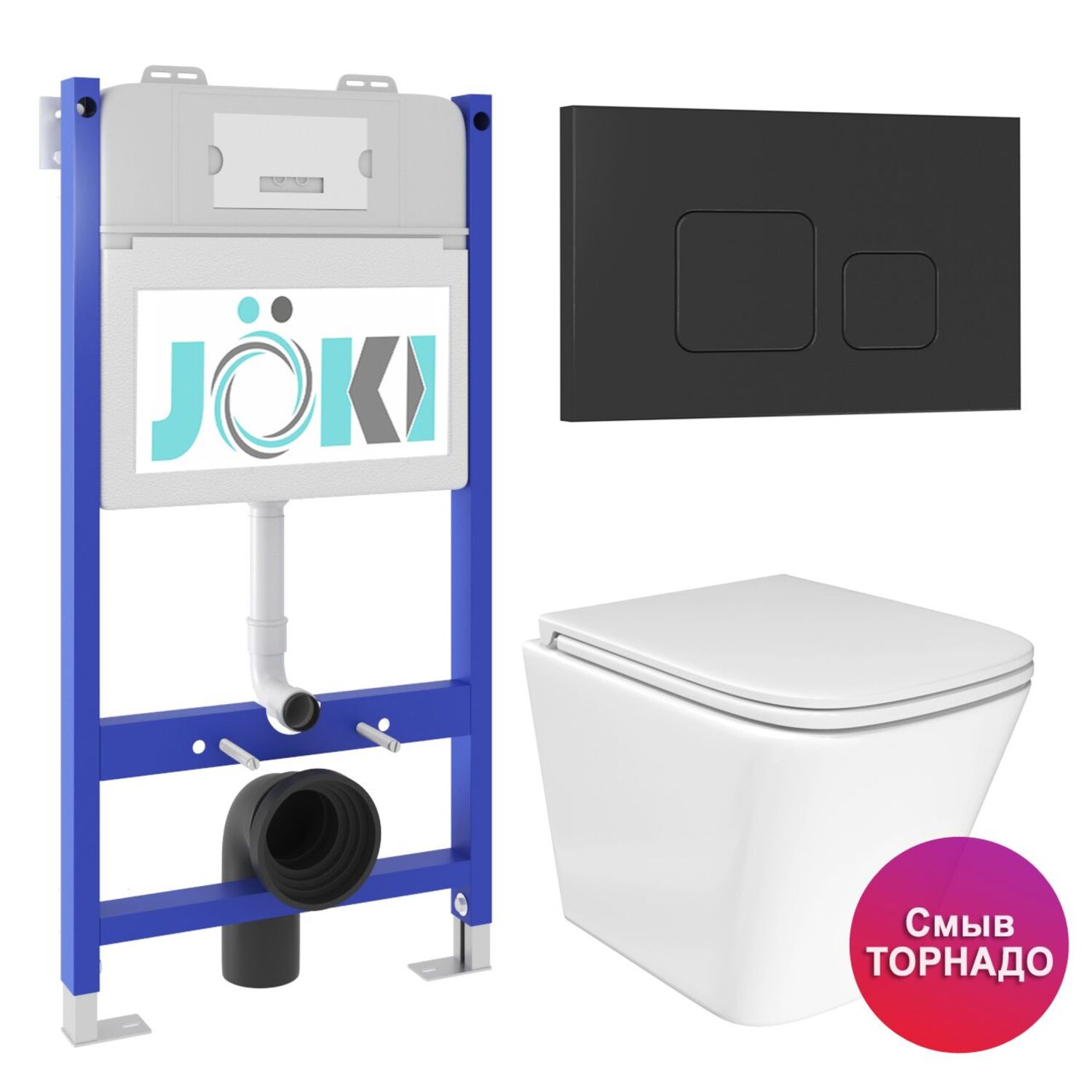 Комплект: JOKI Инсталляция JK03351+Кнопка JK702534BM черный+Verna T JK3031025 унитаз белый, смыв Торнадо