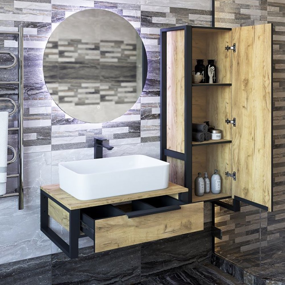 Мебель для ванной Sanflor Гард 70, подвесная, цвет дуб крафт золотой / черный