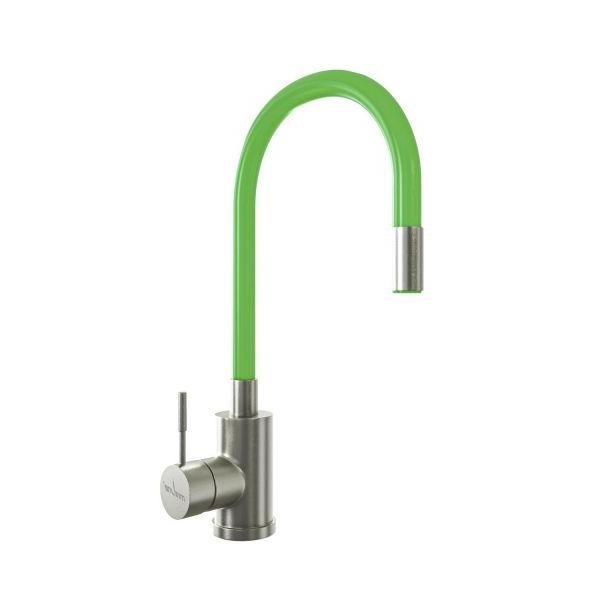 Смеситель Mixline MLSS-0325 для кухни, нержавеющая сталь, цвет сатин / зеленый