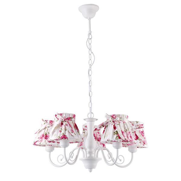 Подвесная люстра Arte Lamp Margherita A7021LM-5WH, арматура белая, плафоны ткань белая / розовая, 16х21 см