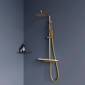 Душевая стойка RGW Shower Panels SP-34 G, с верхним душем, термостатическим смесителем, цвет брашированное золото - фото 1