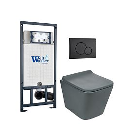 Комплект Weltwasser 10000010587 унитаза Gelbach 041 MT-GR с сиденьем микролифт и инсталляции Marberg 507 с черной кнопкой Mar 507 RD MT-BL - фото 1