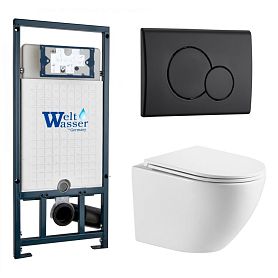 Комплект Weltwasser 10000011316 унитаза Merzbach 043 GL-WT с сиденьем микролифт и инсталляции Marberg 507 с черной кнопкой Marberg 507 RD MT-BL - фото 1