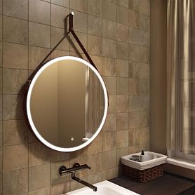 Зеркало Art & Max Milan 80x80, на кожаном ремне, с подсветкой и диммером, цвет коричневый - фото 1