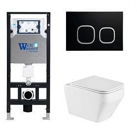 Комплект Weltwasser 10000011657 унитаза Hofbach 041 GL-WT с сиденьем микролифт и инсталляции Amberg 506 с черной кнопкой Amberg RD-BL - фото 1