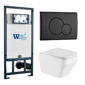 Комплект Weltwasser 10000011684 унитаза Hofbach 041 GL-WT с сиденьем микролифт и инсталляции Marberg 507 с черной кнопкой Marberg 507 RD MT-BL - фото 1