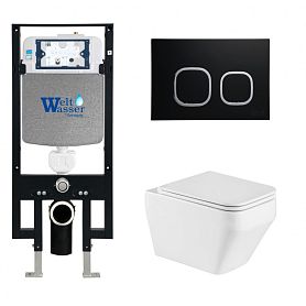 Комплект Weltwasser 10000011647 унитаза Hofbach 041 GL-WT с сиденьем микролифт и инсталляции Amberg 497 с черной кнопкой Amberg RD-BL - фото 1