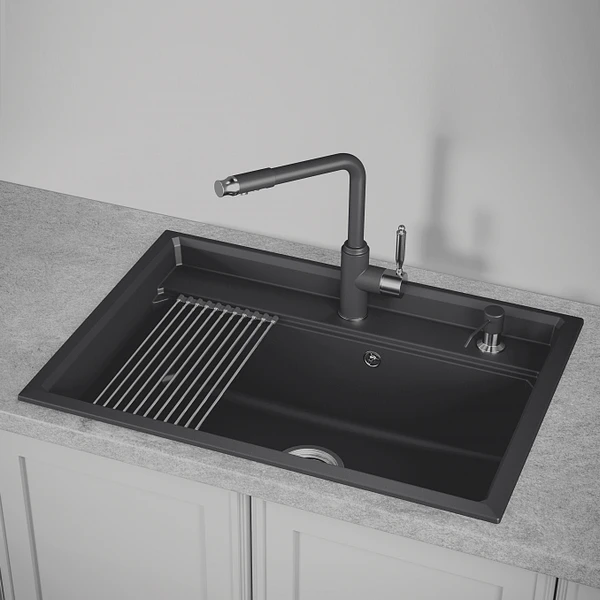 Кухонная мойка Granula Kitchen Space KS-7301 BL 73x51, с дозатором для жидкого мыла, сушилкой, цвет черный - фото 1