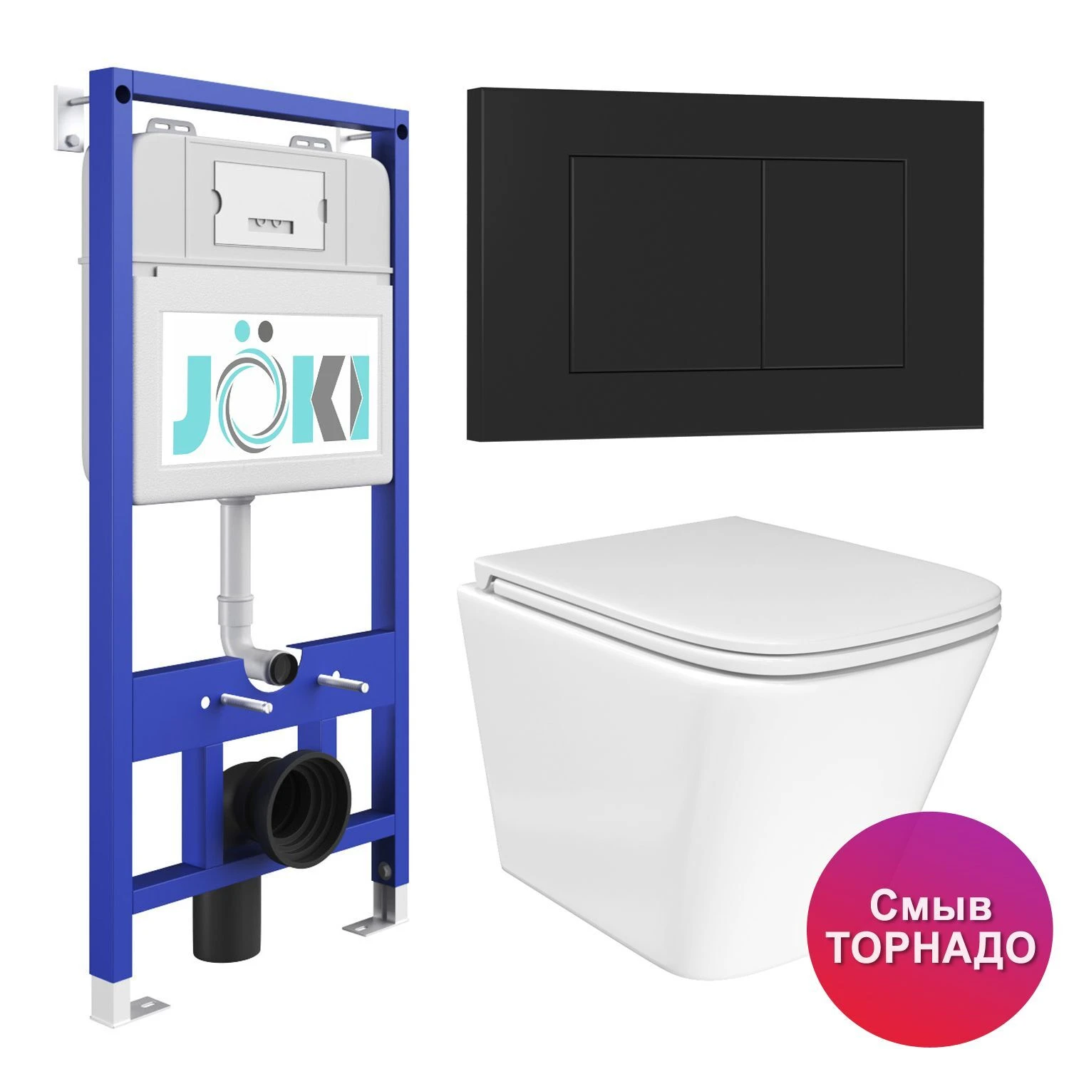 Комплект: JOKI Инсталляция JK01150+Кнопка JK013525BM черный+Verna T JK3031025 белый унитаз, смыв Торнадо