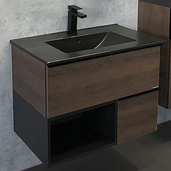 Мебель для ванной Comforty Франкфурт 75 с раковиной Comforty 75E черная матовая, цвет дуб шоколадно-коричневый - фото 1