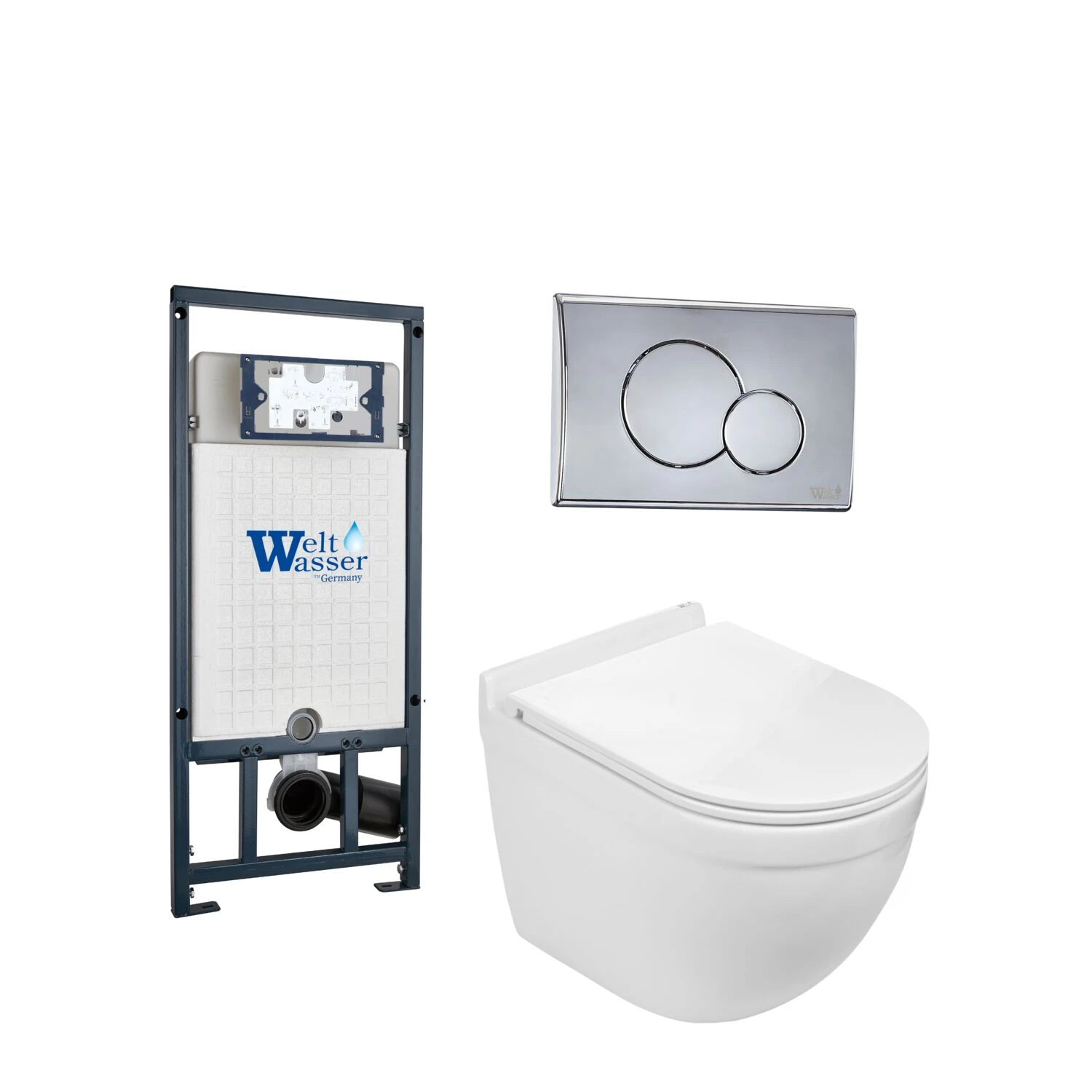 Комплект Weltwasser 10000010674 унитаза Heimbach 041 GL-WT с сиденьем микролифт и инсталляции Marberg 507 с кнопкой Mar 507 RD-CR хром