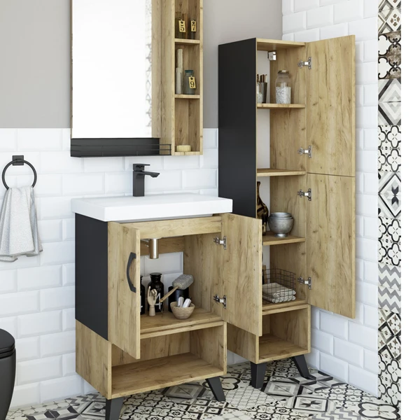 Мебель для ванной Sanflor Выборг 60/2, цвет черный / дуб крафт золотой - фото 1