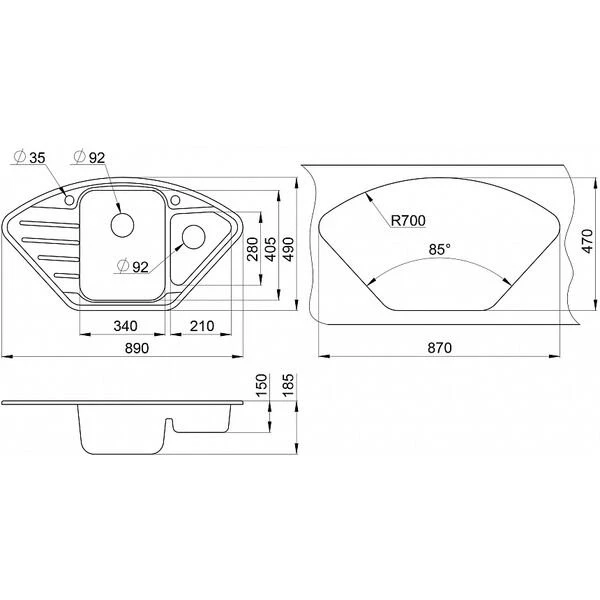 Кухонная мойка Granula GR-9101 ES 89x49, угловая, 2 чаши, с крылом, цвет эспрессо