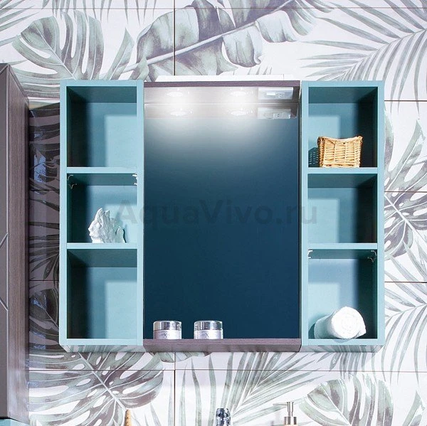 Шкаф-зеркало Бриклаер Кристалл 80, с подсветкой, с полками, цвет софт графит / муссон