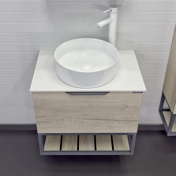 Мебель для ванной Comforty Порто 60, с белой столешницей и раковиной Comforty 9111, цвет дуб дымчатый