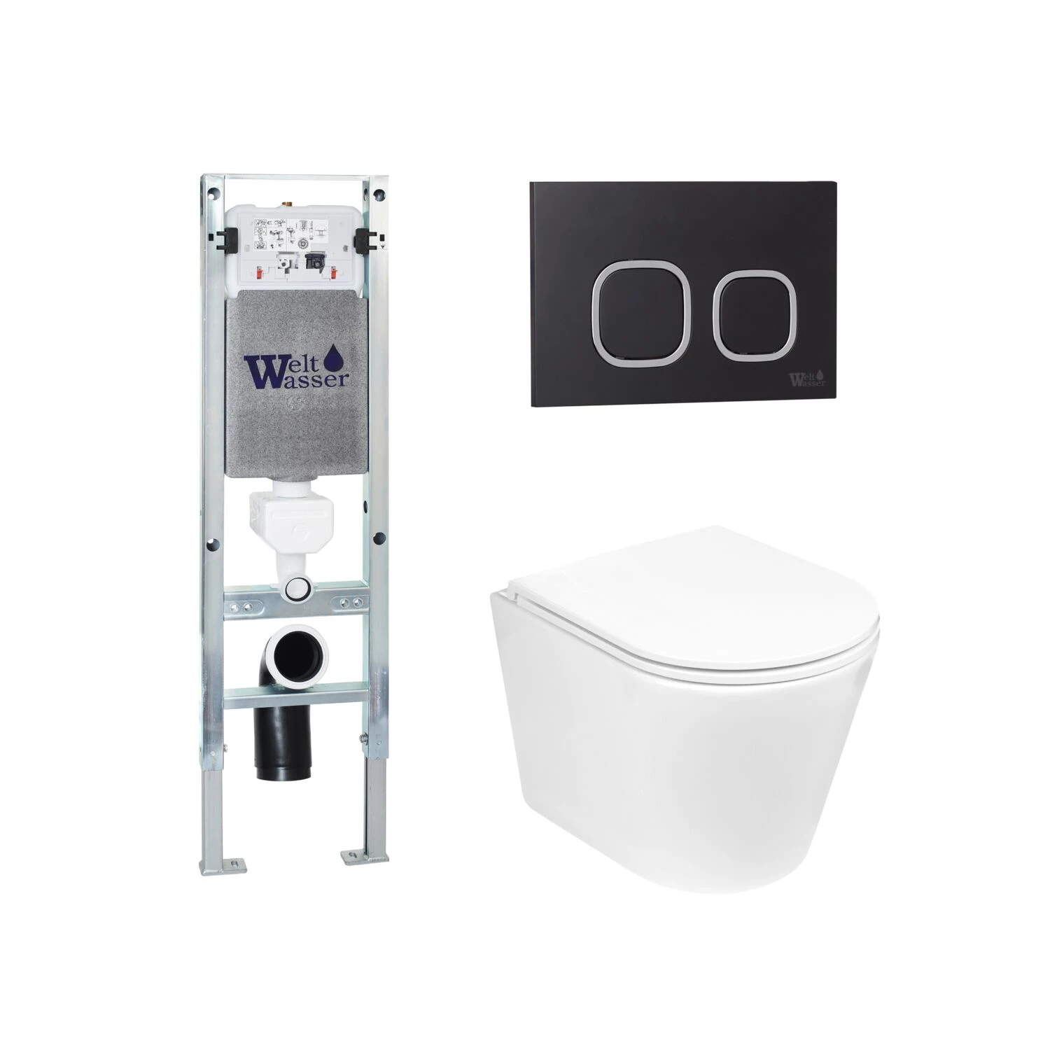 Комплект Weltwasser 10000011484 унитаза Salzbach 043 GL-WT с сиденьем микролифт и инсталляции Amberg 350 ST с черной кнопкой Amberg RD-BL