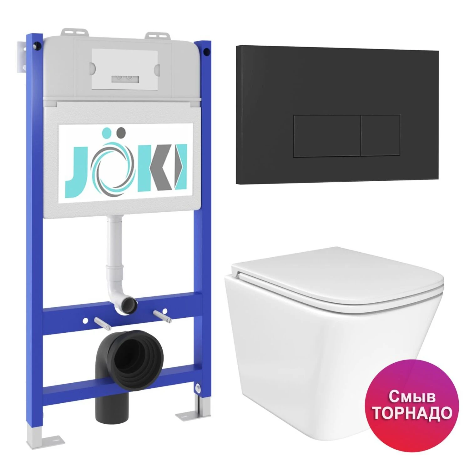 Комплект: JOKI Инсталляция JK03351+Кнопка JK203507BM черный+Verna T JK3031025 унитаз белый, смыв Торнадо