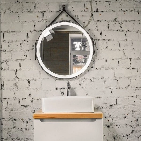 Зеркало Jorno Wood 50x50, на кожаном ремне, с подсветкой и диммером, цвет коричневый