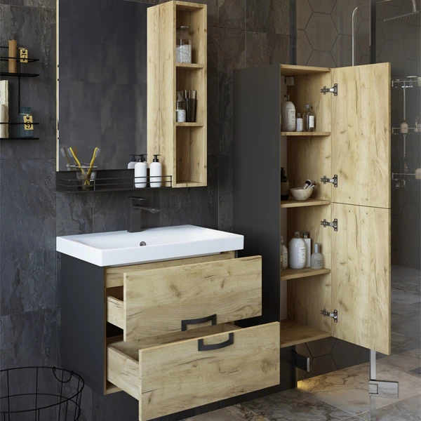 Мебель для ванной Sanflor Выборг 60, цвет черный / дуб крафт золотой