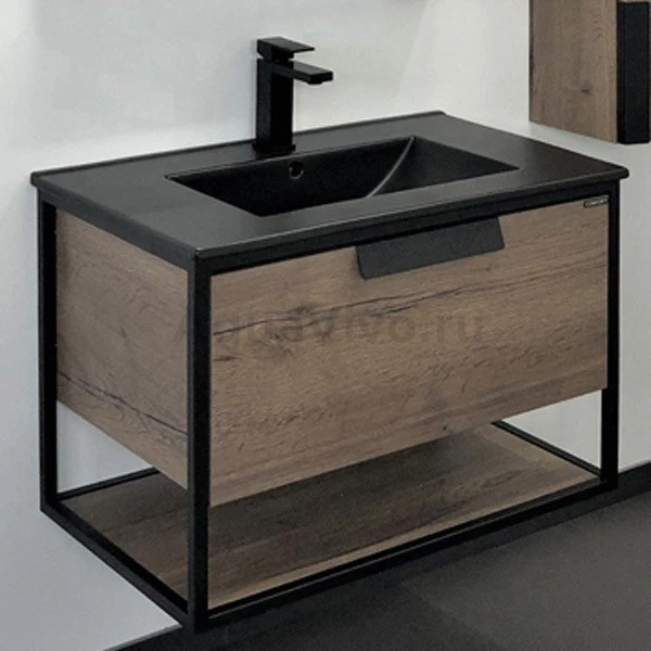 Мебель для ванной Comforty Бонн 75, с черной раковиной, цвет дуб темный - фото 1