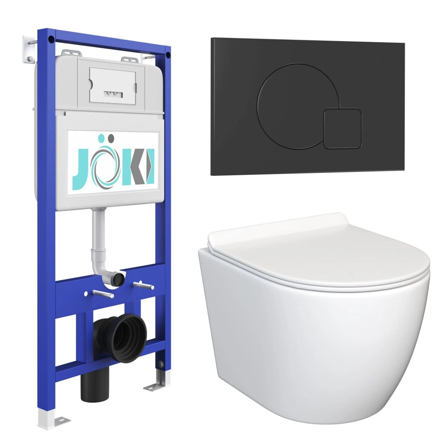 Комплект: JOKI Инсталляция JK01150+Кнопка JK023543BM черный+Stella JK1061016 белый унитаз