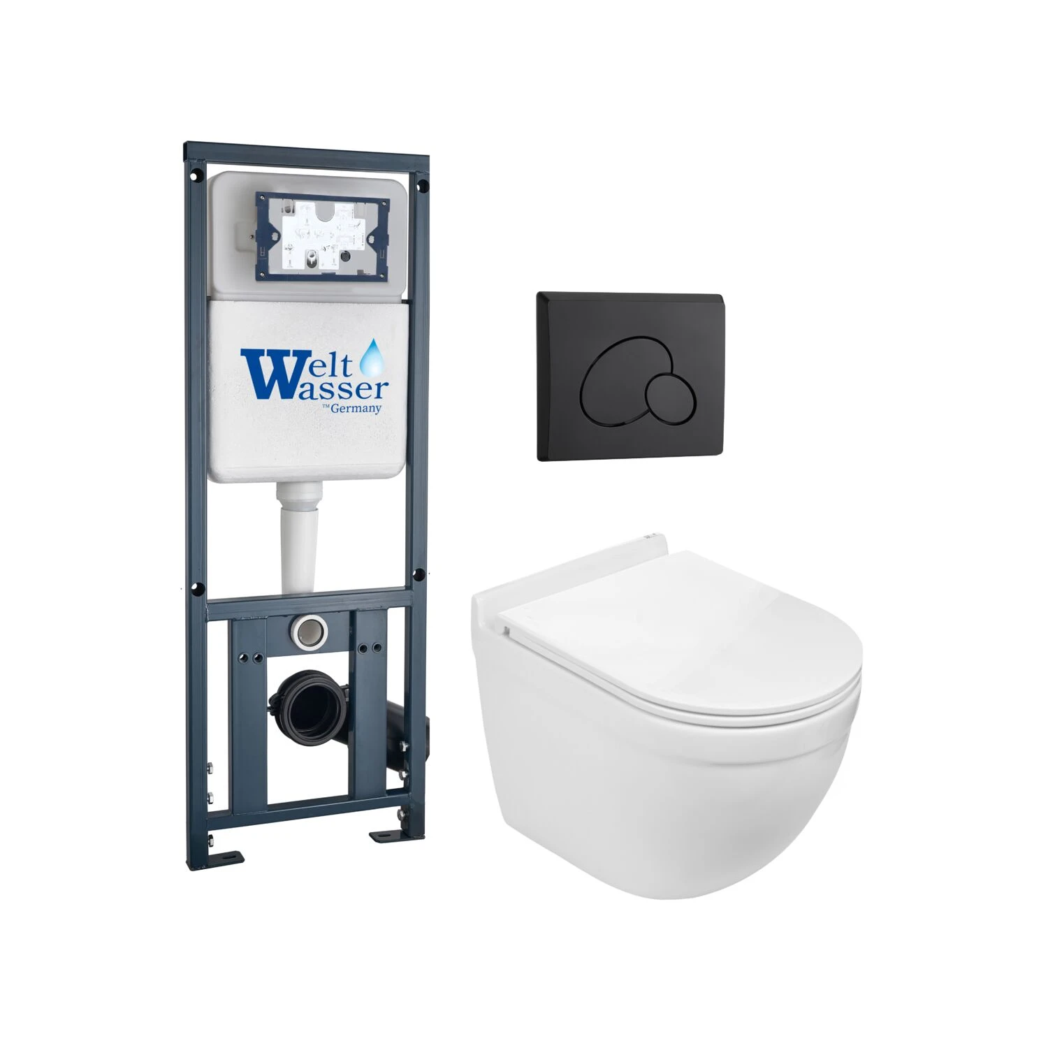 Комплект Weltwasser 10000010669 унитаза Heimbach 041 GL-WT с сиденьем микролифт и инсталляции Marberg 410 с черной кнопкой Mar 410 RD MT-BL