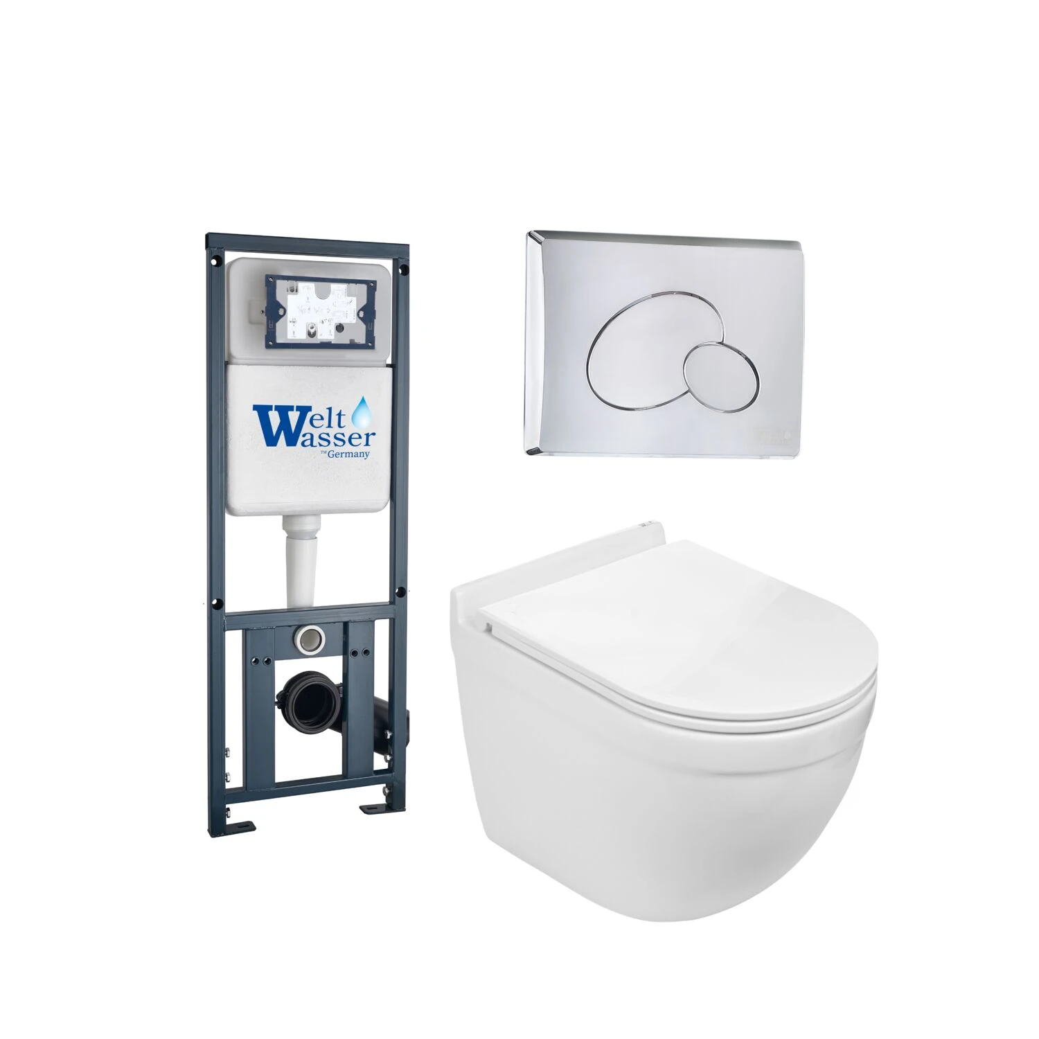 Комплект Weltwasser 10000010667 унитаза Heimbach 041 GL-WT с сиденьем микролифт и инсталляции Marberg 410 с кнопкой Mar 410 RD-CR хром