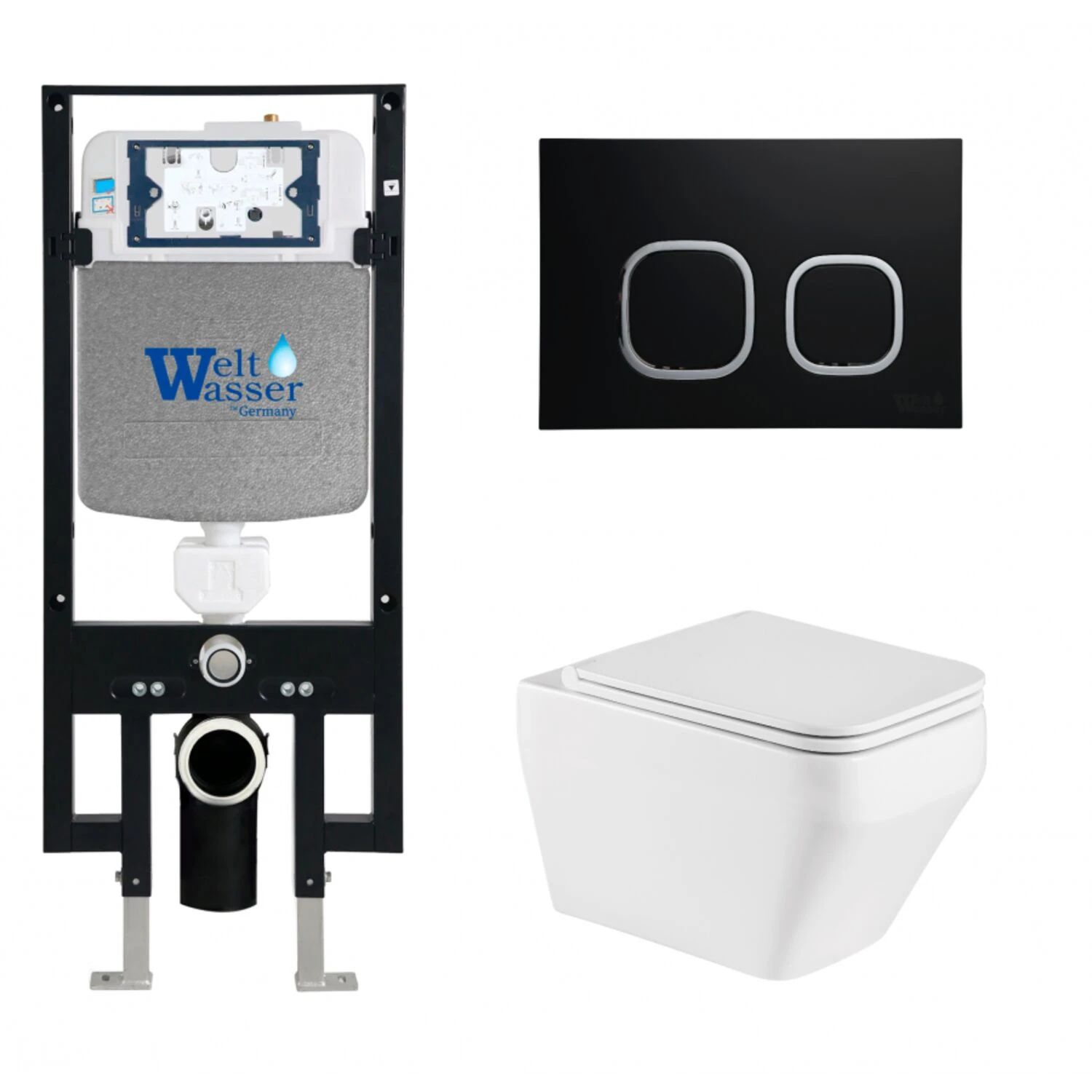 Комплект Weltwasser 10000011647 унитаза Hofbach 041 GL-WT с сиденьем микролифт и инсталляции Amberg 497 с черной кнопкой Amberg RD-BL