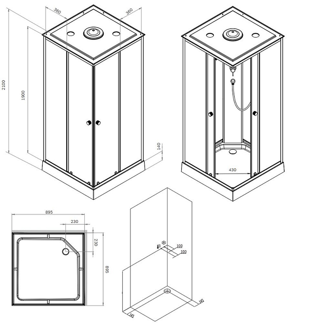 Душевая кабина AM.PM X-Joy Square W94C-403-090BT 90x90, стекло прозрачное, профиль черный матовый