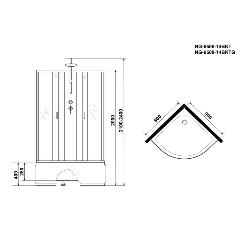 Душевая кабина Niagara Classic NG-6508-14BKTG 90x90, стекло тонированное, профиль черный, без крыши, с гидромассажем