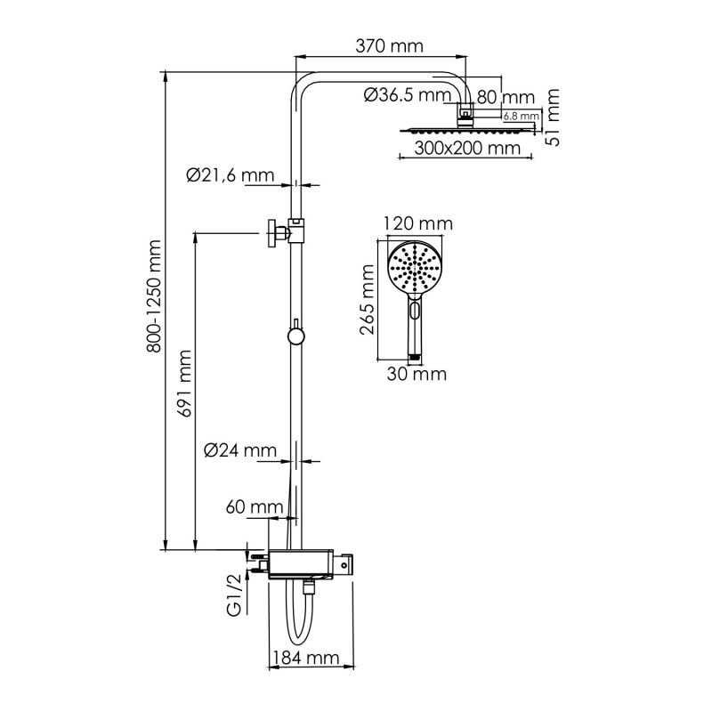 Душевая стойка WasserKRAFT A113.069.127.CH Thermo, с верхним душем, термостатическим смесителем, цвет хром - фото 1