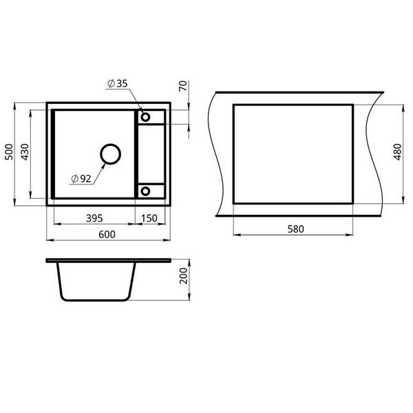 Кухонная мойка Granula GR-6002 BG 60x50, с крылом, цвет графит