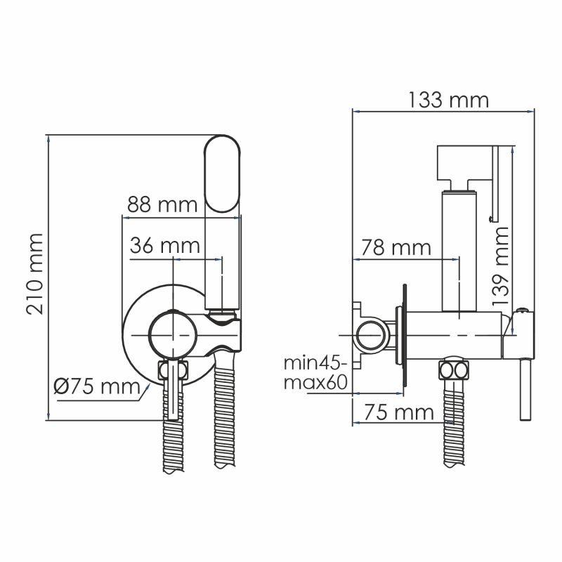 Гигиенический душ WasserKRAFT A70138, со встраиваемым смесителем, цвет хром