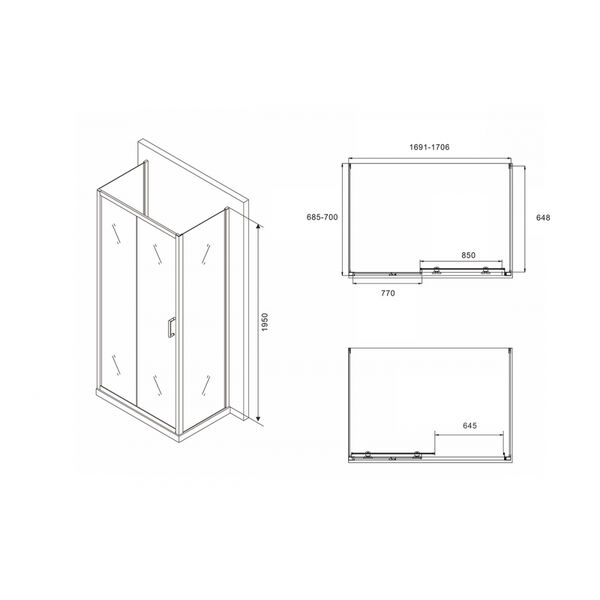 Душевой уголок Abber Schwarzer Diamant AG30170B-S70B-S70B 170x70, стекло прозрачное, профиль черный