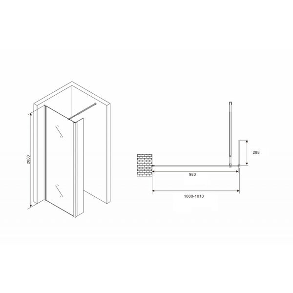 Душевая перегородка Abber Immer Offen AG66100B 100x200, стекло прозрачное, профиль черный - фото 1