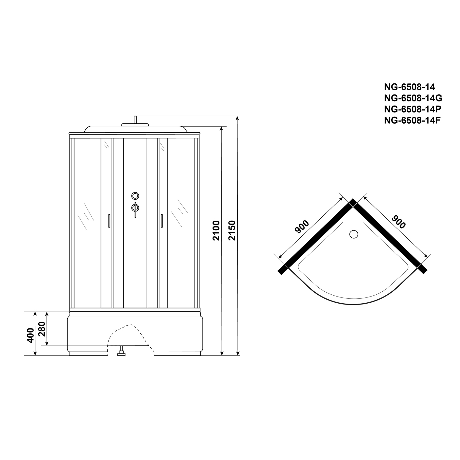 Душевая кабина Niagara Classic NG-6508-14P 90x90, стекло тонированное, профиль черный, с крышей, с пультом управления