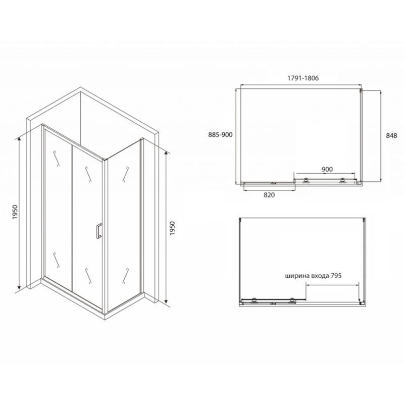 Душевой уголок Abber Schwarzer Diamant AG30180B-S90B 180x90, стекло прозрачное, профиль черный