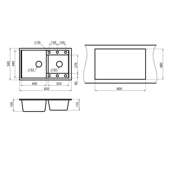 Кухонная мойка Granula GR-8201 PR 82x50, 2 чаши, цвет пирит