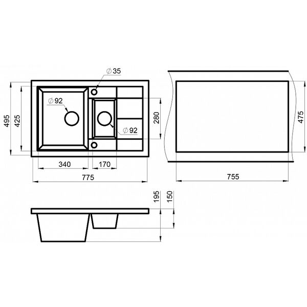 Кухонная мойка Granula GR-7802 BG 78x50, 2 чаши, с крылом, цвет графит - фото 1